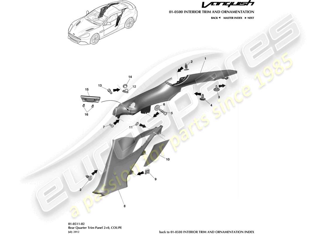 aston martin vanquish (2017) pannello di rivestimento del quarto posteriore, 2+0 diagramma delle parti del coupé