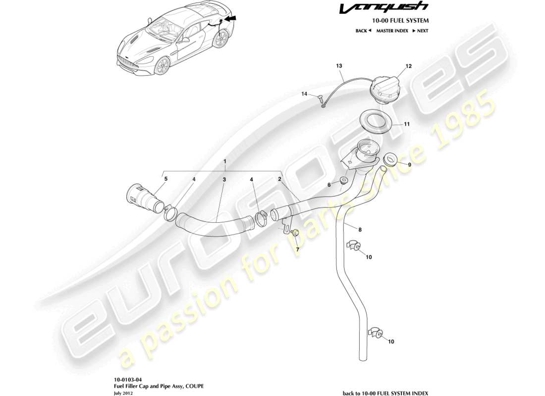 aston martin vanquish (2017) gruppo bocchettone di rifornimento carburante, coupé diagramma delle parti