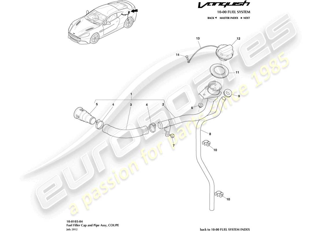 aston martin vanquish (2017) gruppo bocchettone di rifornimento carburante, diagramma delle parti coupé