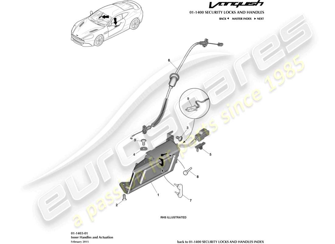 aston martin vanquish (2017) maniglie interne e diagramma delle parti di attuazione