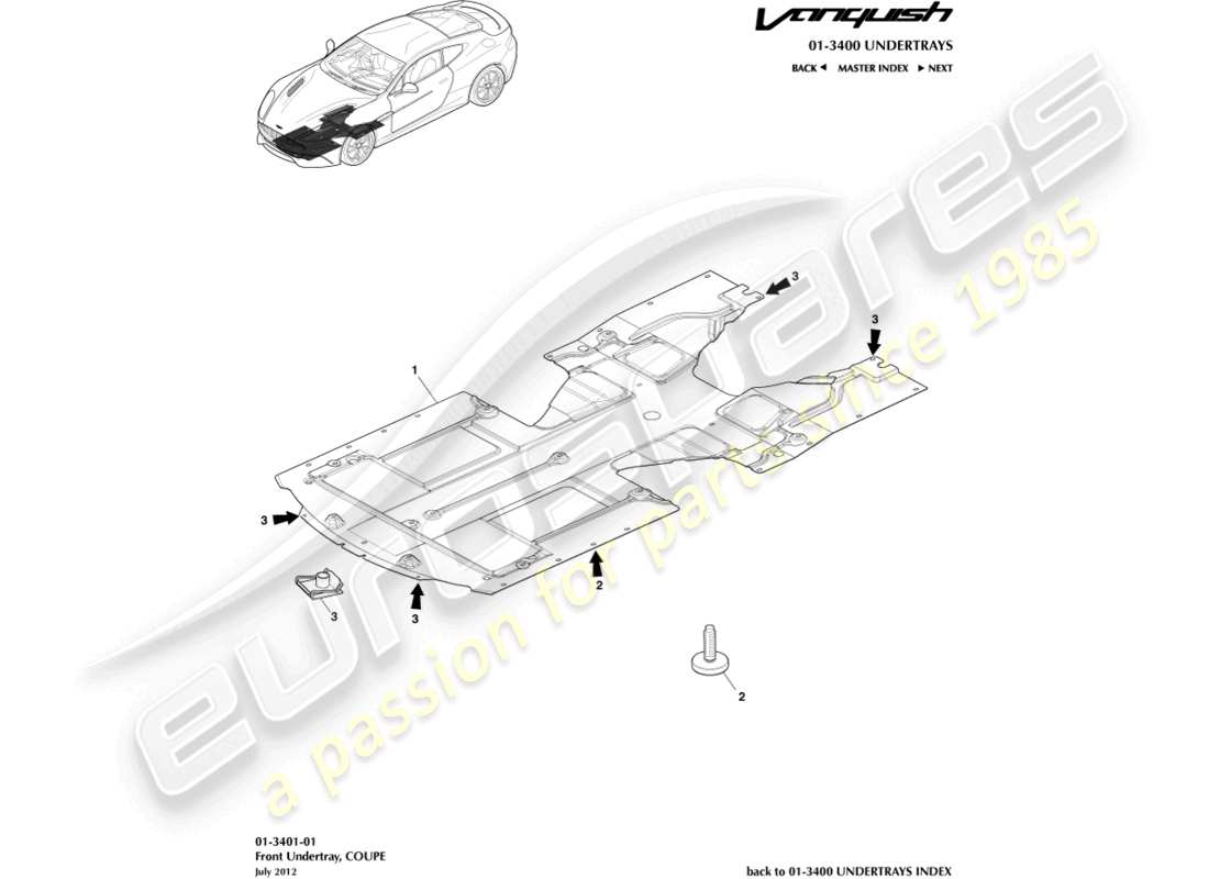 aston martin vanquish (2017) sottoscocca anteriori, diagramma delle parti della coupé