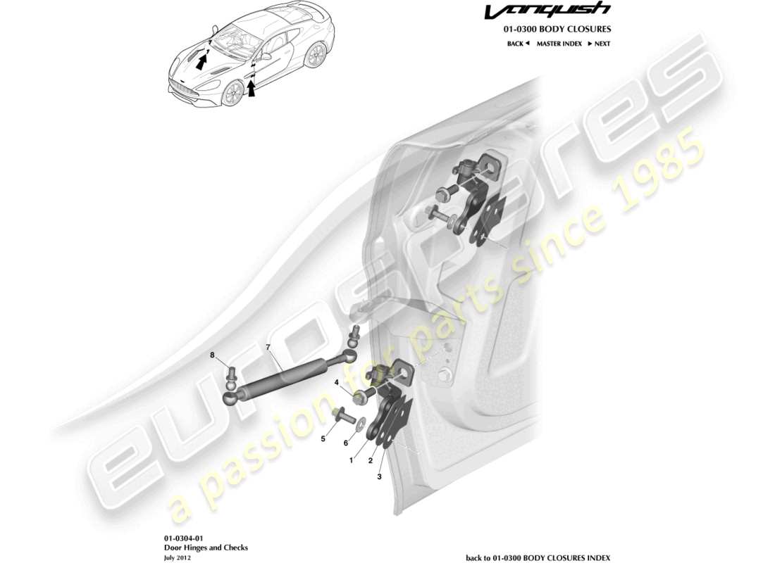 aston martin vanquish (2017) schema delle parti del gruppo cerniera della porta