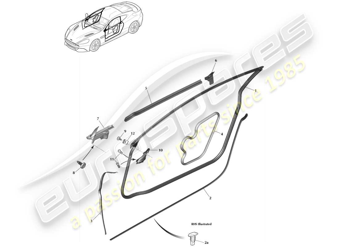 aston martin vanquish (2014) guarnizioni per portiere, coupé diagramma delle parti
