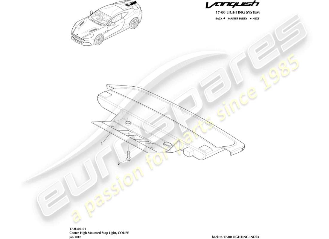 aston martin vanquish (2017) luce stop montata in alto, diagramma delle parti coupé