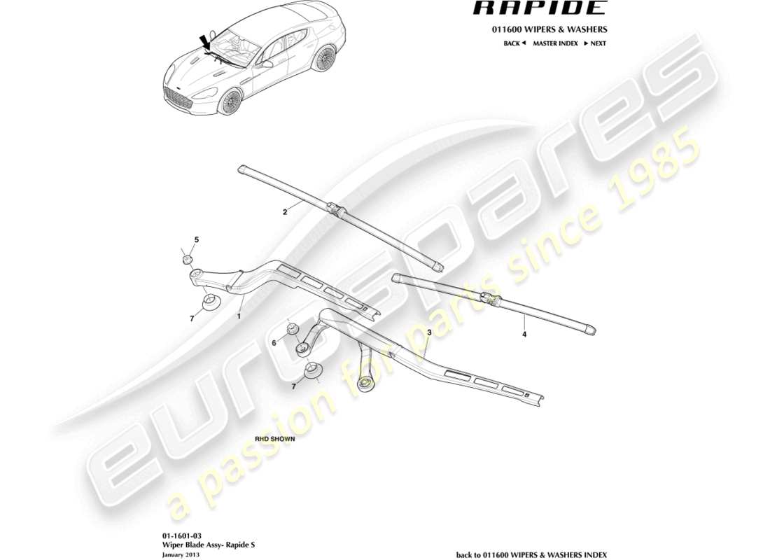 aston martin rapide (2012) gruppo spazzola tergicristallo, diagramma delle parti s