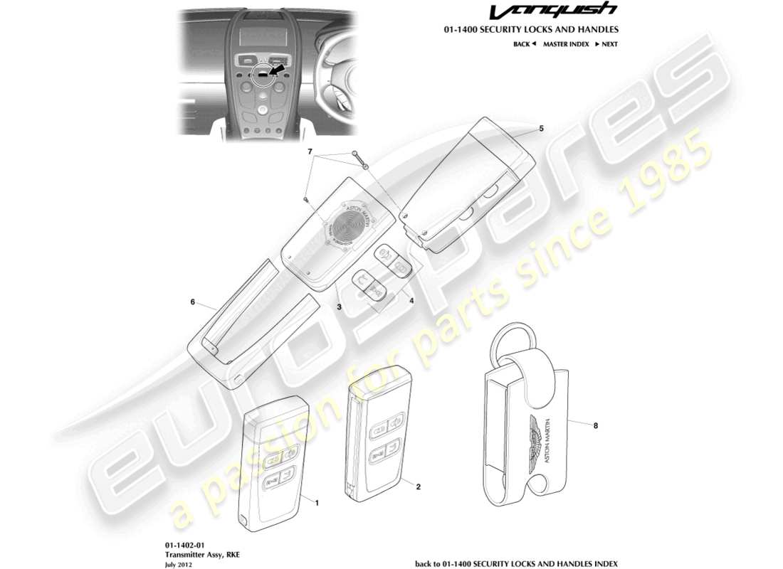 aston martin vanquish (2017) trasmettitore rke diagramma delle parti