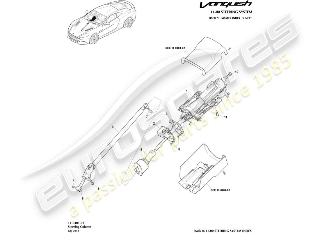 aston martin vanquish (2017) schema delle parti del gruppo piantone dello sterzo