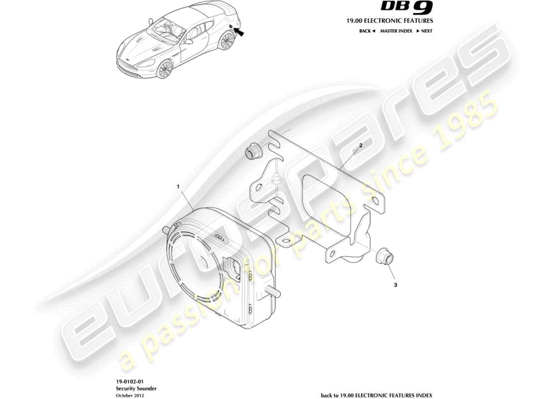 aston martin db9 (2016) diagramma delle parti di avvisatori acustici e sirene
