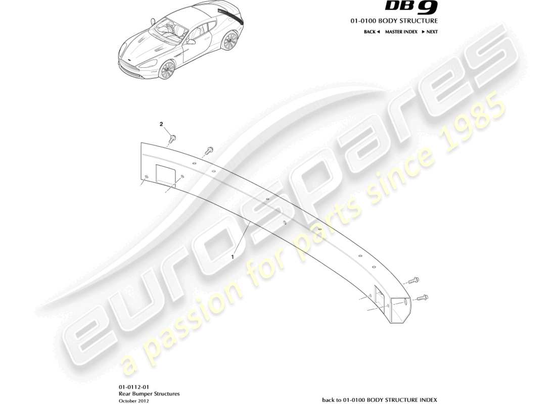 aston martin db9 (2016) diagramma delle parti della struttura del paraurti posteriore