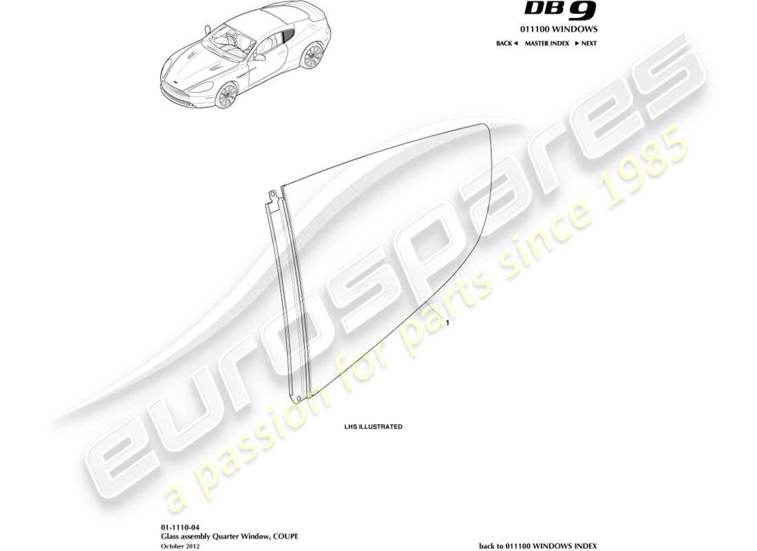 aston martin db9 (2014) vetro del quarto posteriore, coupé diagramma delle parti