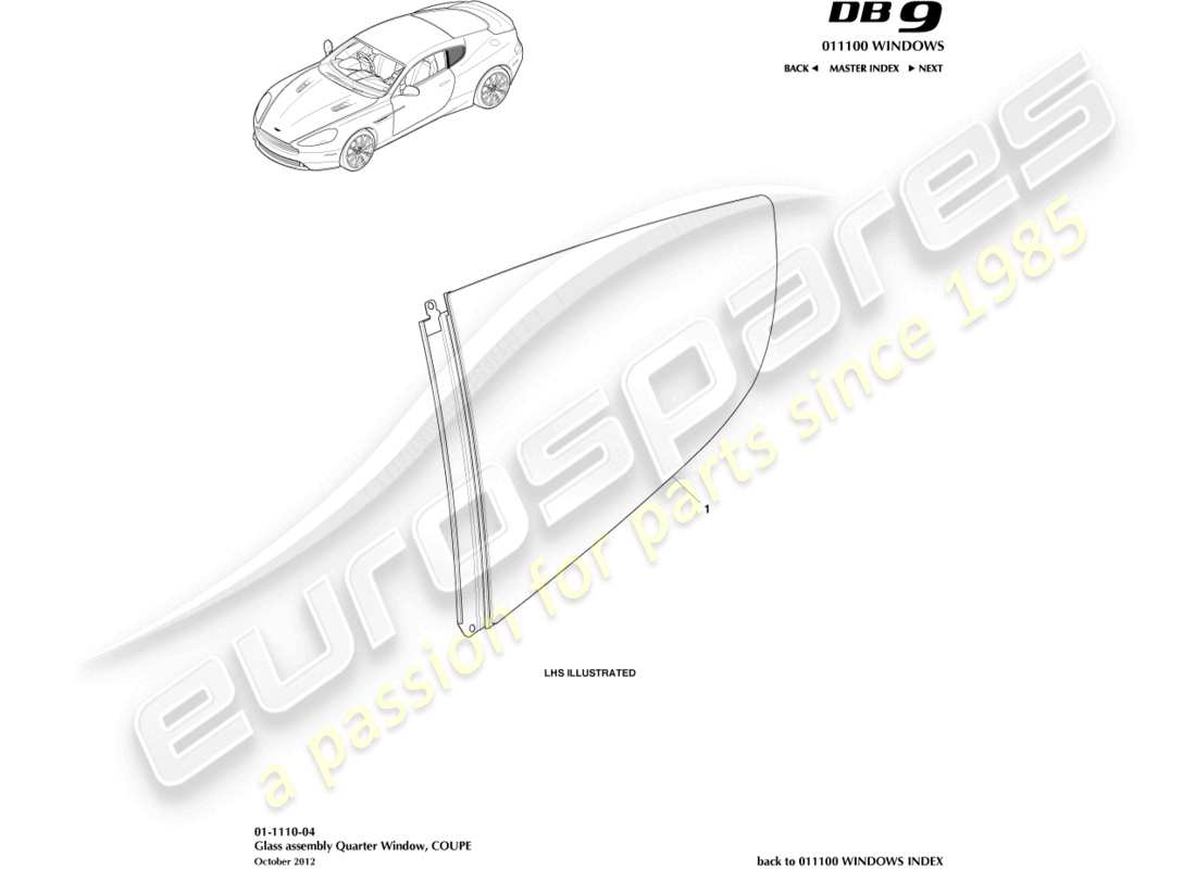 aston martin db9 (2014) vetro del quarto posteriore, diagramma delle parti della coupé