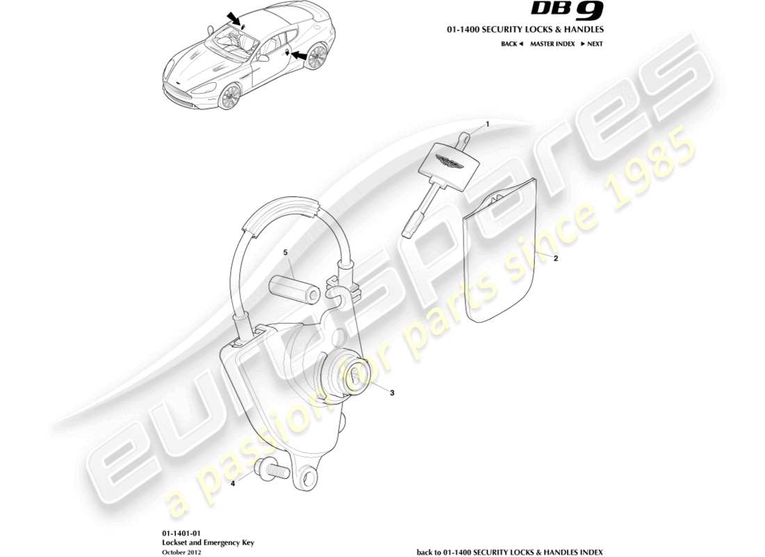 aston martin db9 (2014) schema delle parti del set di serrature e delle chiavi