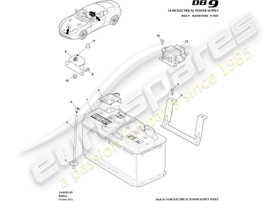 aston martin db9 (2014) diagramma delle parti della batteria