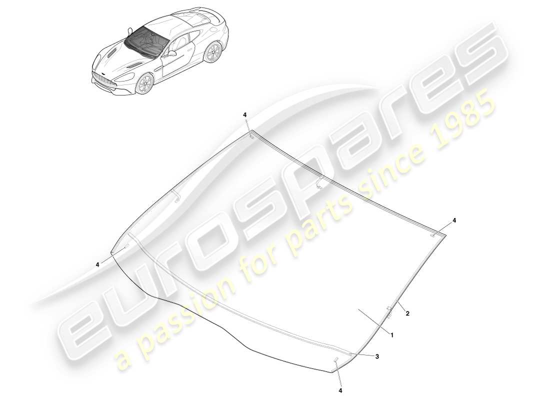 aston martin vanquish (2014) parabrezza, diagramma delle parti della coupé