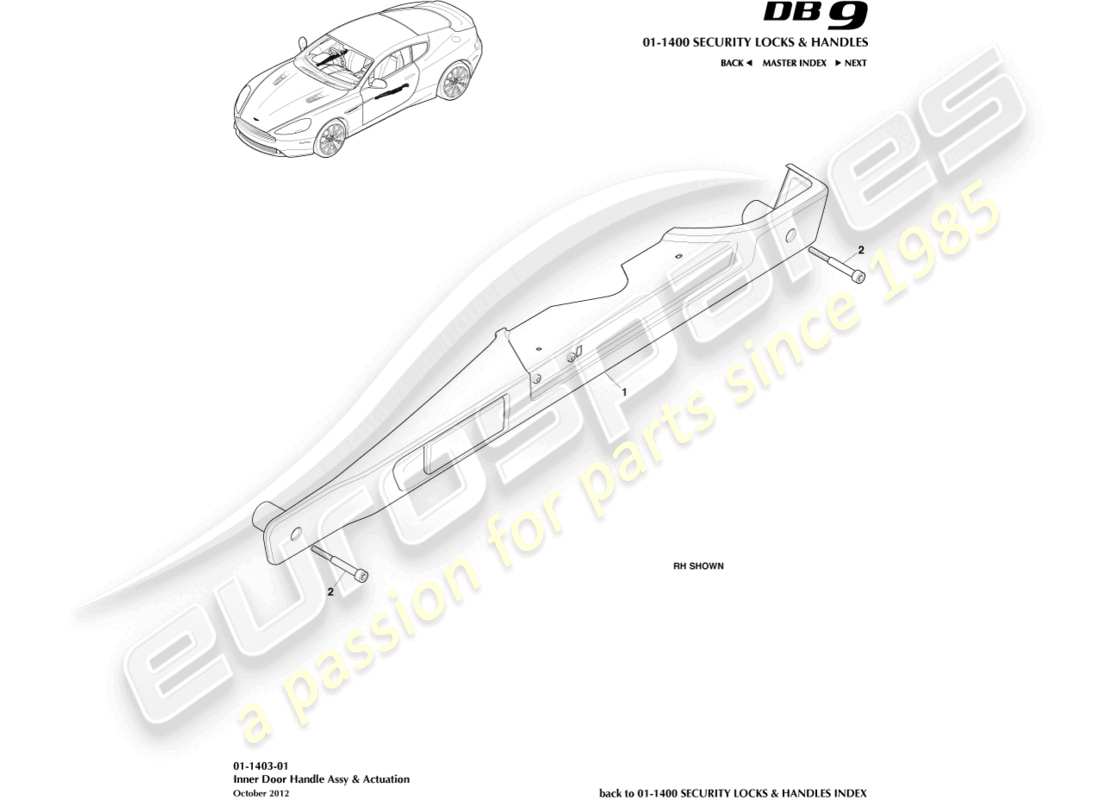 aston martin db9 (2014) maniglie interne e diagramma delle parti di attuazione