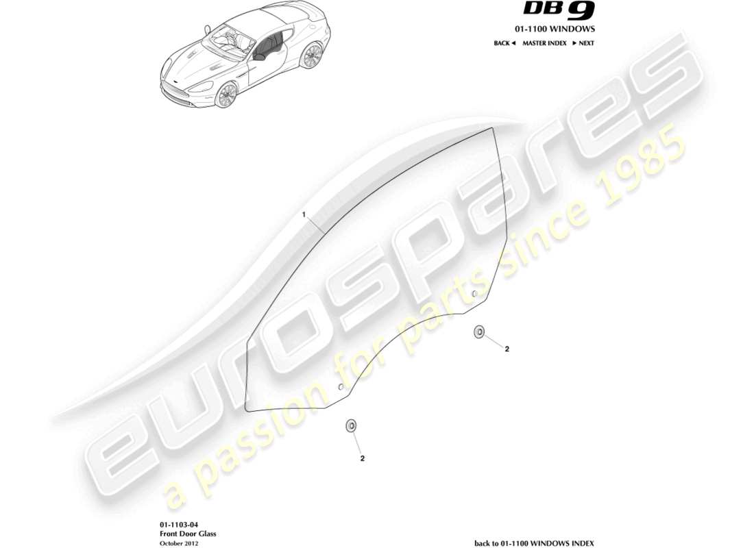 aston martin db9 (2014) schema delle parti in vetro della porta anteriore