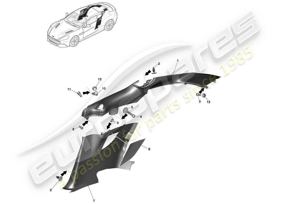 aston martin vanquish (2014) pannello di rivestimento del quarto posteriore, 2+2 diagramma delle parti del coupé