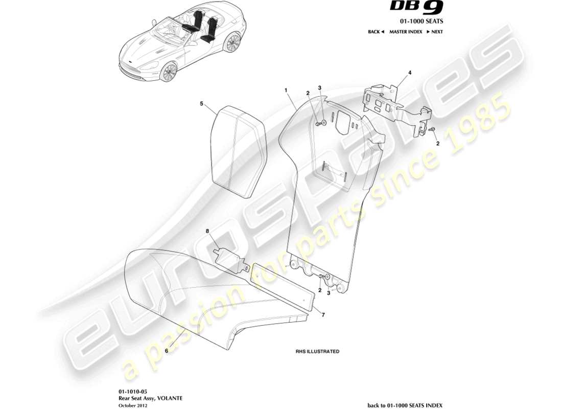 aston martin db9 (2016) sedili posteriori, schema delle parti del volante