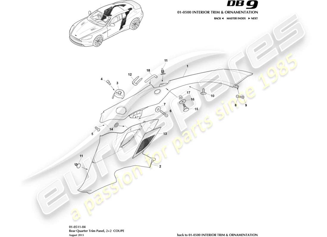 aston martin db9 (2013) pannello di rivestimento del quarto posteriore, 2+2 diagramma delle parti del coupé