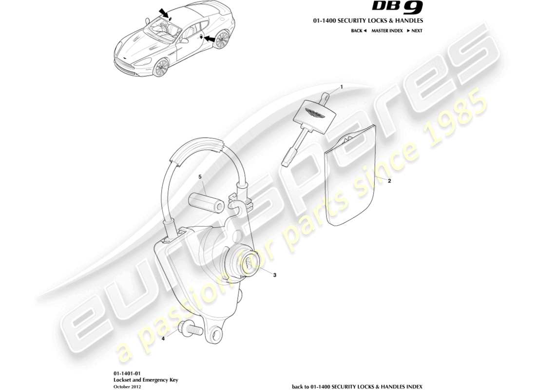 aston martin db9 (2017) set di serrature e chiavi diagramma delle parti