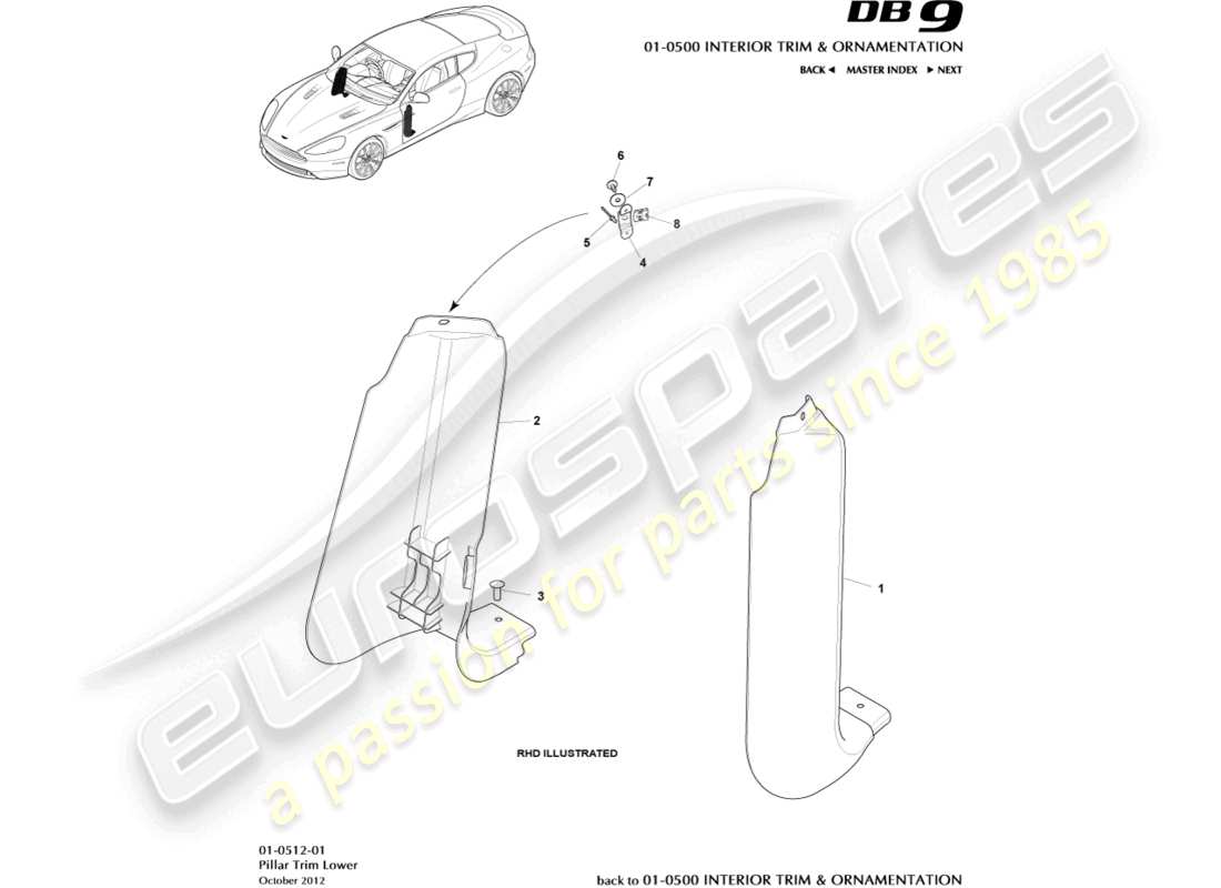 aston martin db9 (2013) rivestimento del montante, inferiore diagramma delle parti