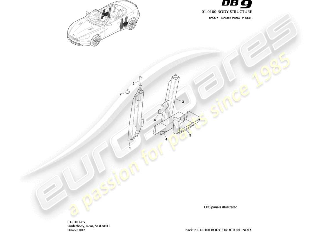 aston martin db9 (2014) schema delle parti sottoscocca, posteriore, volante