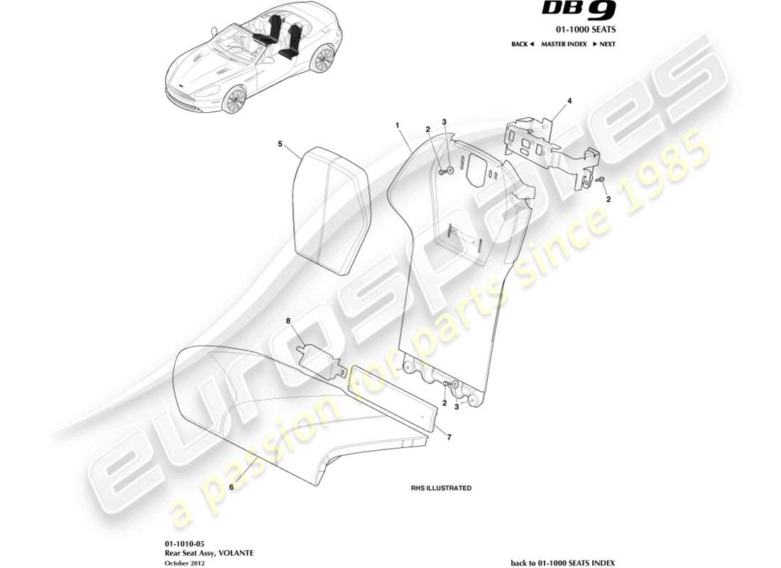 aston martin db9 (2014) sedili posteriori, schema delle parti del volante