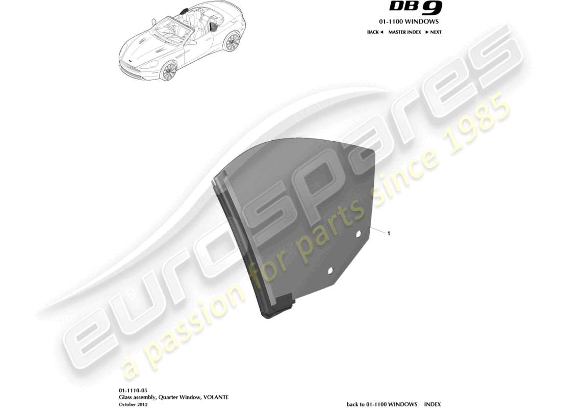 aston martin db9 (2014) vetro del quarto posteriore, diagramma delle parti volante