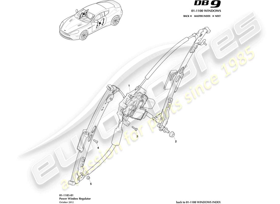 aston martin db9 (2014) schema delle parti del regolatore del finestrino anteriore