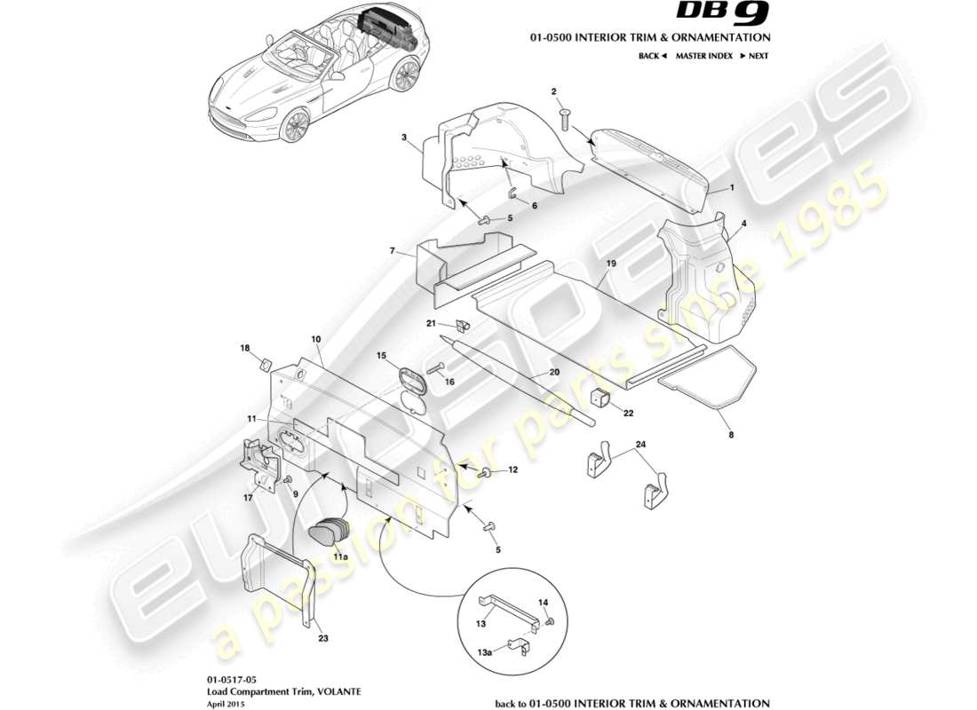 aston martin db9 (2013) rivestimento del vano di carico, volante diagramma delle parti