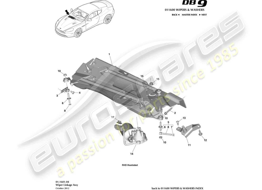 aston martin db9 (2016) wischergestänge teilediagramm