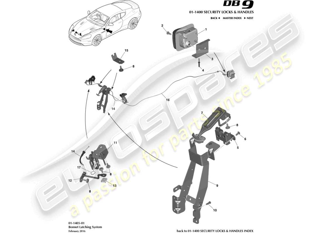 aston martin db9 (2016) motorhaubenverriegelung und -betätigung teilediagramm