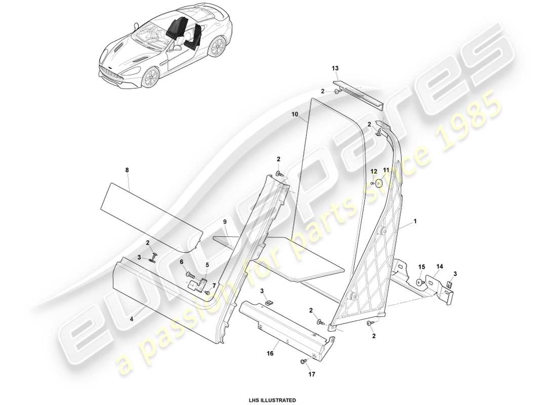aston martin vanquish (2014) rivestimento posteriore dell'abitacolo, 2+0 diagramma delle parti del coupé