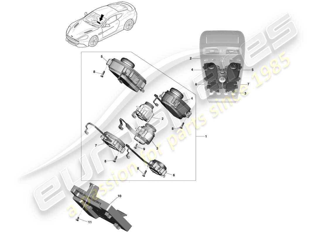 aston martin vanquish (2014) comandi dell'infotainment diagramma delle parti