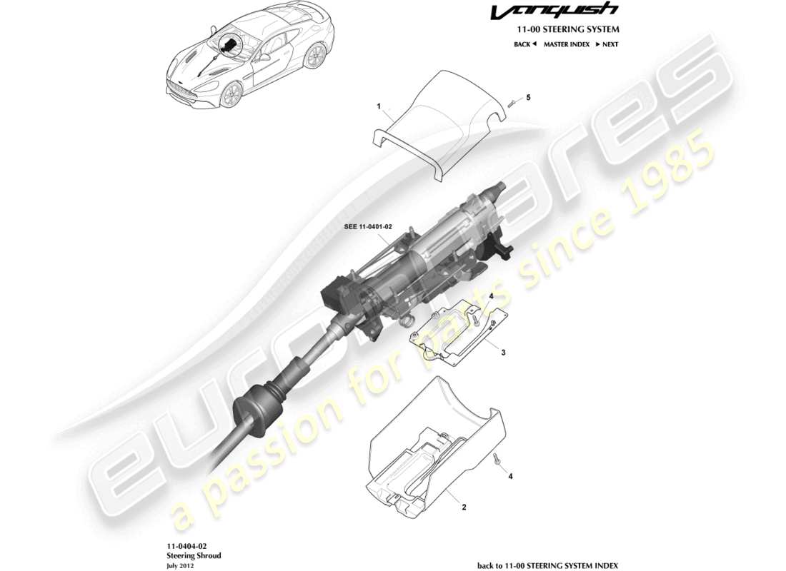 aston martin vanquish (2017) sindone della colonna diagramma delle parti