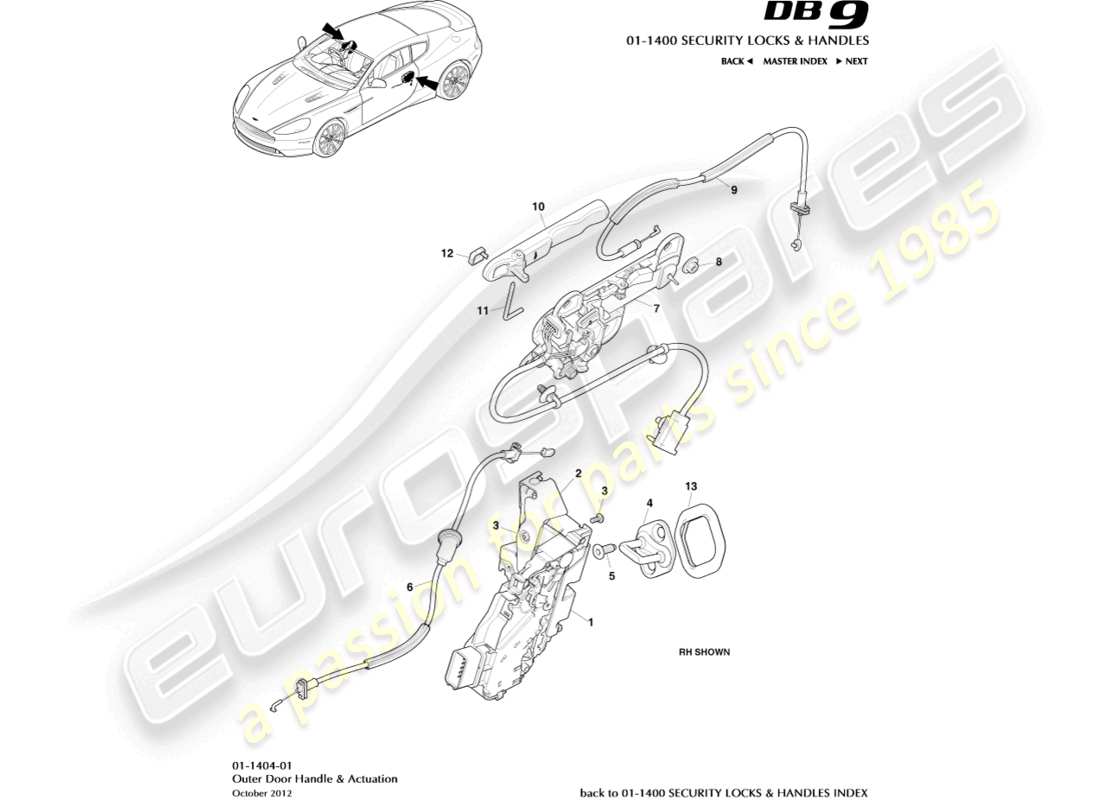 aston martin db9 (2014) maniglie esterne e diagramma delle parti di attuazione