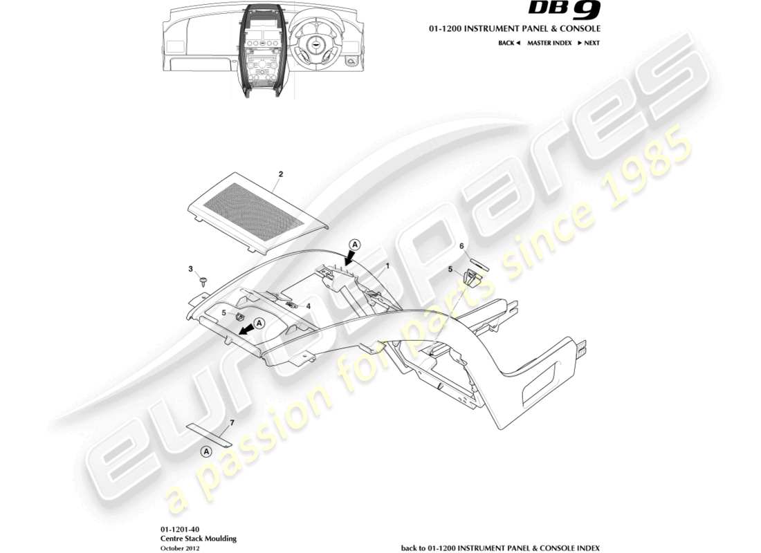 aston martin db9 (2016) diagramma della parte di stampaggio della pila centrale