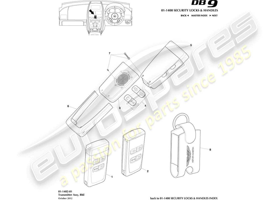 aston martin db9 (2016) diagramma delle parti del trasmettitore rke
