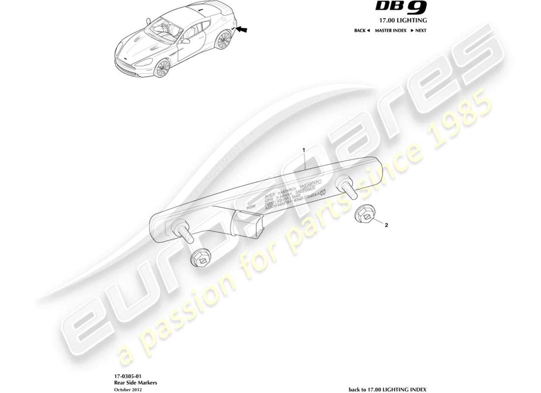 aston martin db9 (2013) diagramma delle parti degli indicatori laterali posteriori