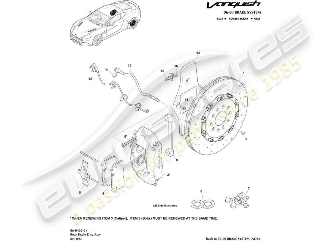 aston martin vanquish (2017) schema delle parti del sistema frenante posteriore