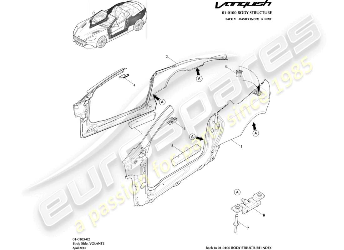 aston martin vanquish (2016) lato del corpo, volante diagramma delle parti