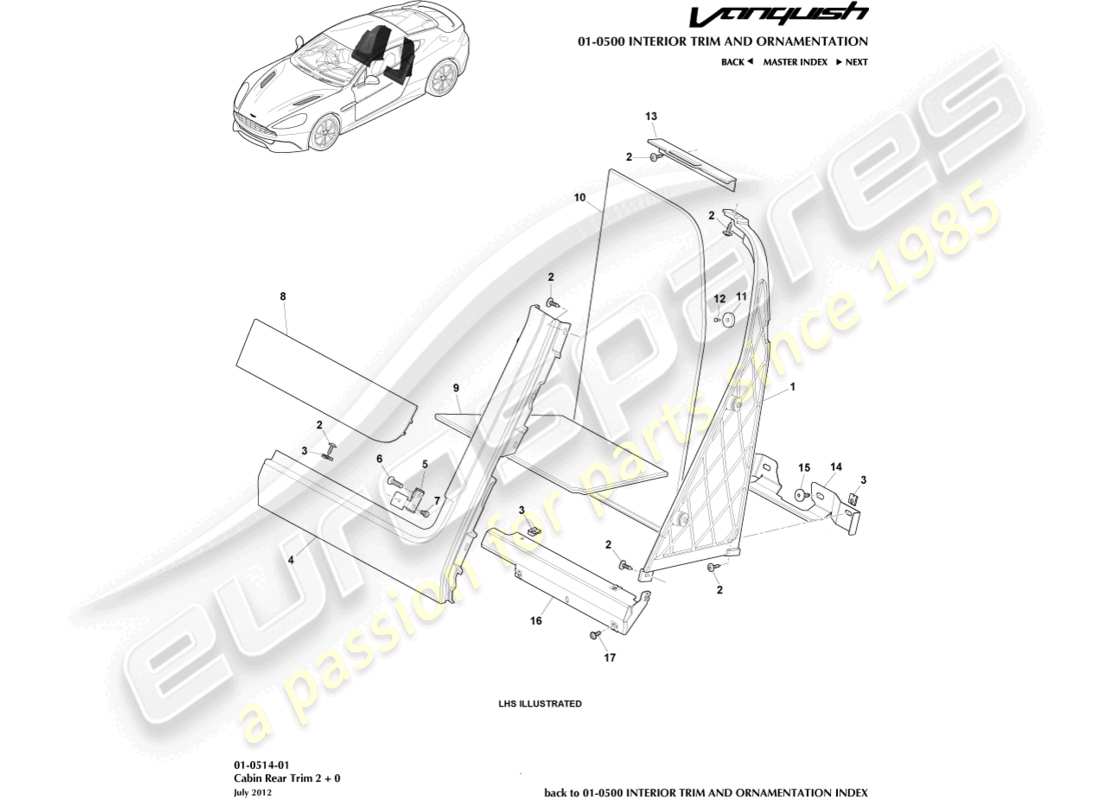 aston martin vanquish (2015) rivestimento posteriore dell'abitacolo, 2+0 diagramma delle parti del coupé
