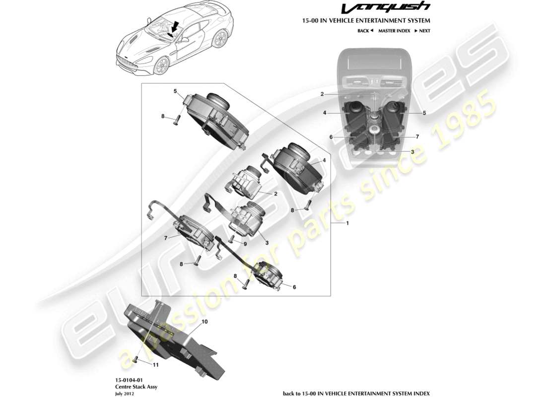 aston martin vanquish (2015) comandi dell'infotainment diagramma delle parti