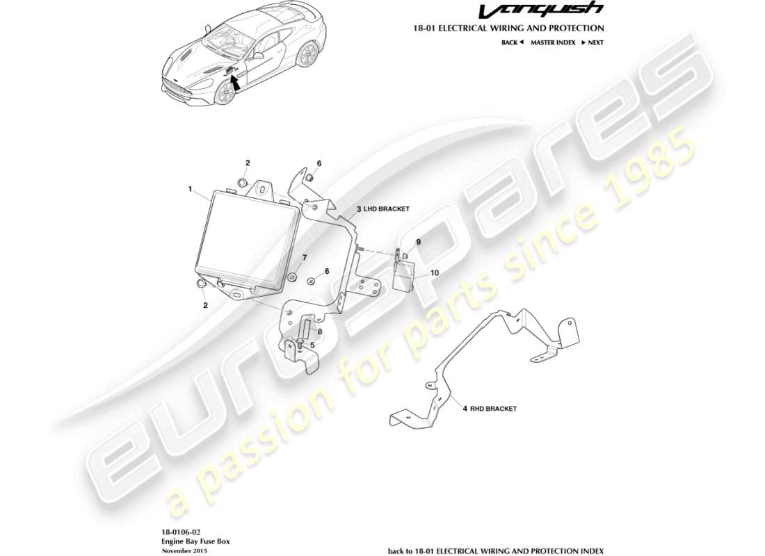 aston martin vanquish (2017) diagramma delle parti della scatola dei fusibili del vano motore