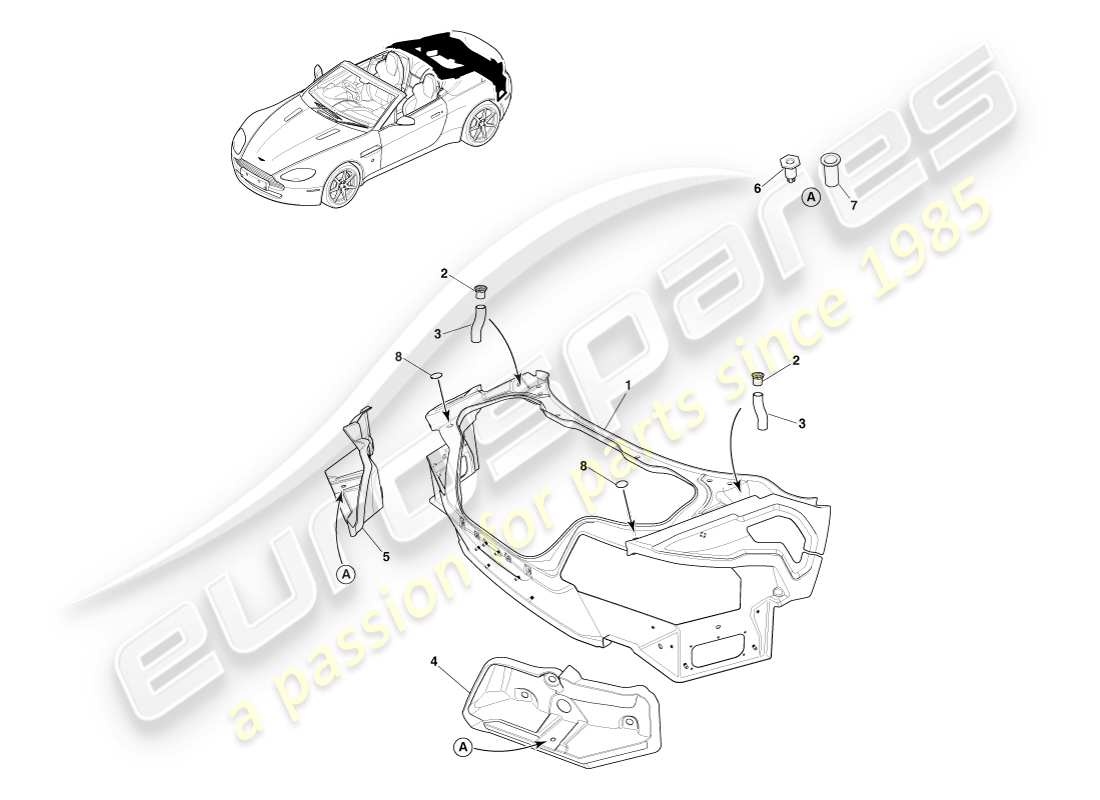 aston martin v8 vantage (2005) parte posteriore della carrozzeria in materiale composito, diagramma delle parti della roadster