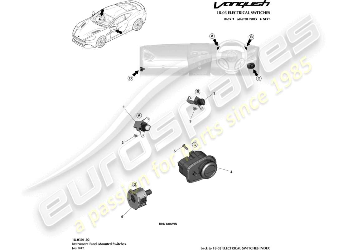 aston martin vanquish (2017) diagramma delle parti degli switch ip