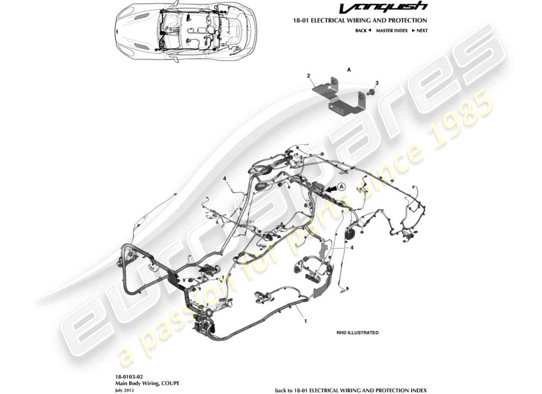 aston martin vanquish (2017) imbracatura per il corpo, diagramma delle parti del coupé