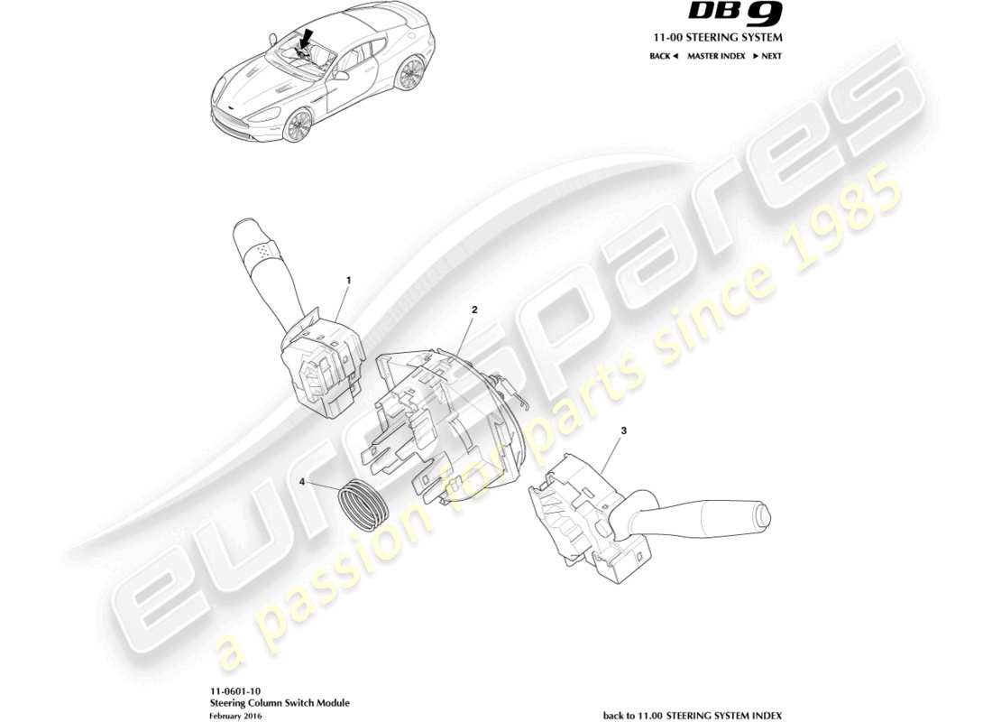 aston martin db9 (2016) diagramma delle parti del gruppo interruttore a colonna