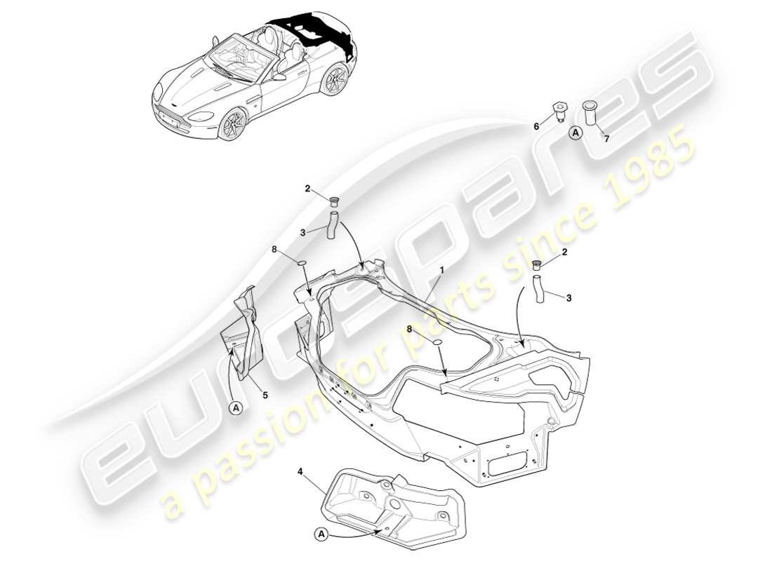 aston martin v8 vantage (2007) parte posteriore della carrozzeria in materiale composito, diagramma delle parti della roadster