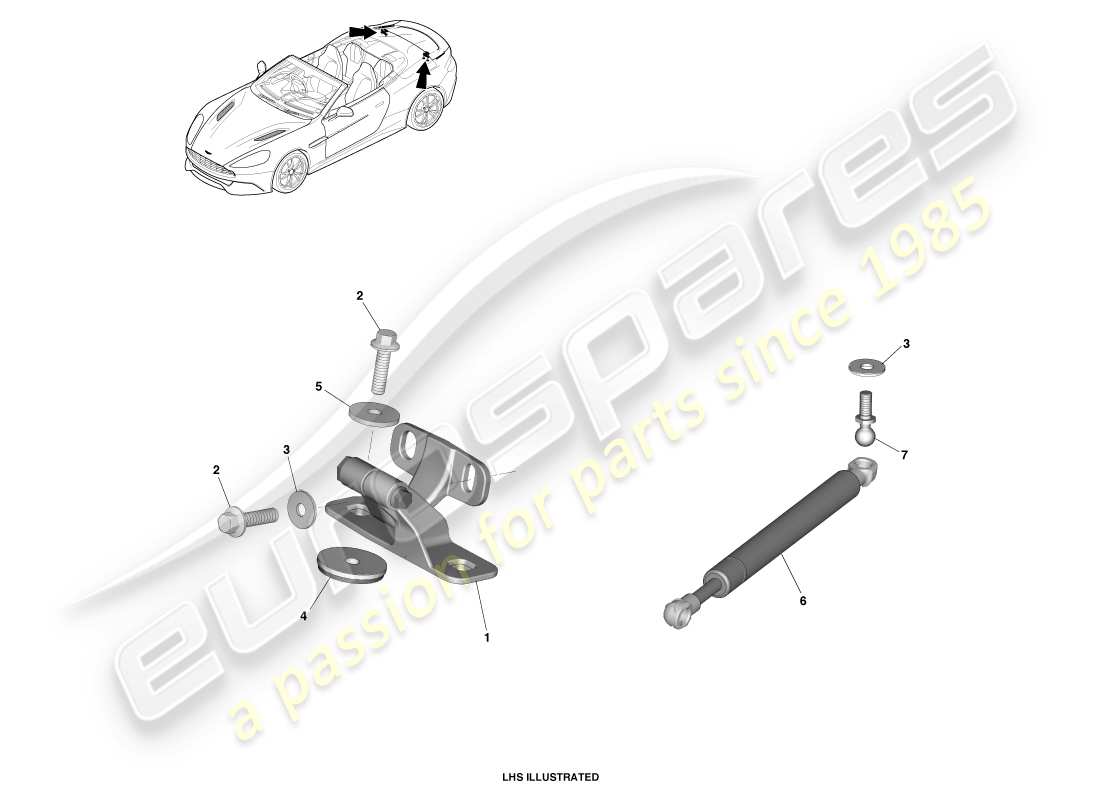 aston martin vanquish (2014) cerniere decklid, diagramma delle parti volante